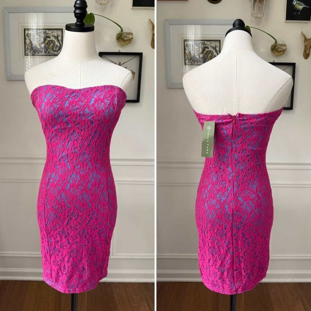 NWT Trina Turk Strapless Bodycon Mini Dress Hot Pink Lace Turquoise Lining Dress
